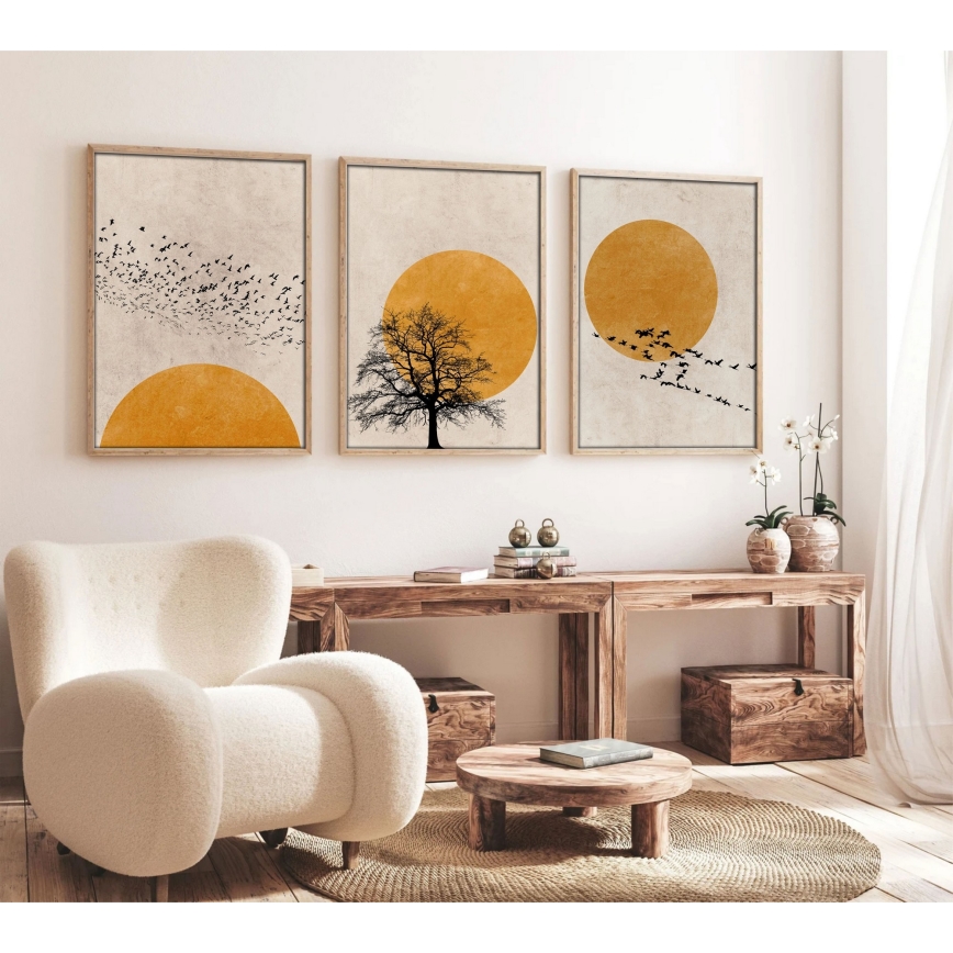 KOMPLEKTS 3x Attēls foto rāmī 50x70 cm bēša/dzeltena