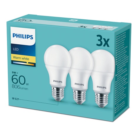 KOMPLEKTS 3x LED Lampas spuldze Philips E27/9W/230V 2700K