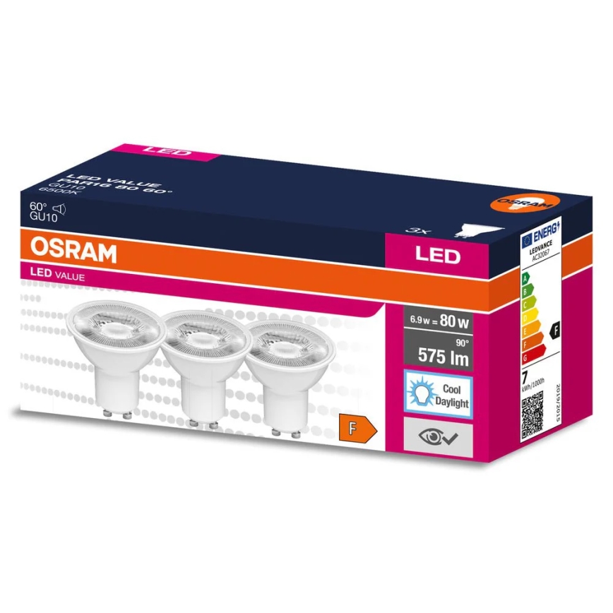 Komplekts 3x LED reflektora spuldzes PAR16 GU10/6,9W/230V 6500K 60° - Osram