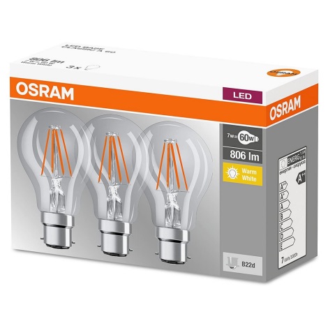 KOMPLEKTS 3x LED Spuldze B22d/7W/230V 2700K - Osram
