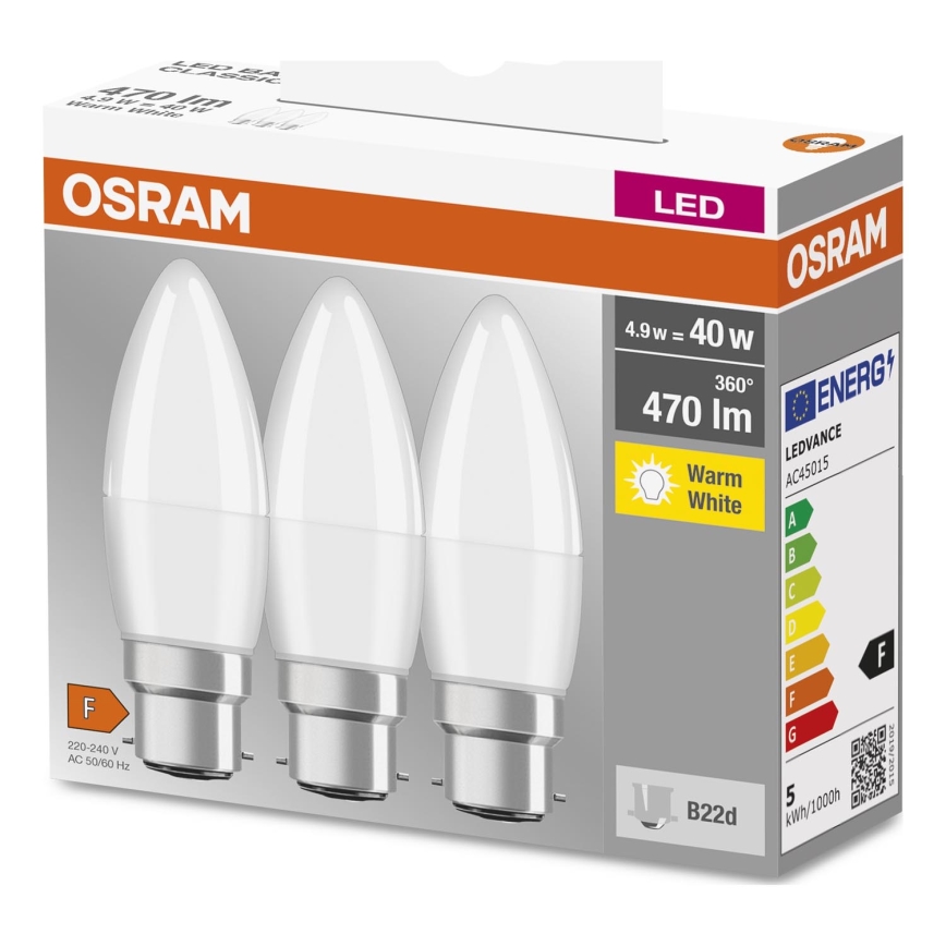 KOMPLEKTS 3x LED Spuldze B38 B22d/4,9W/230V 3000K - Osram