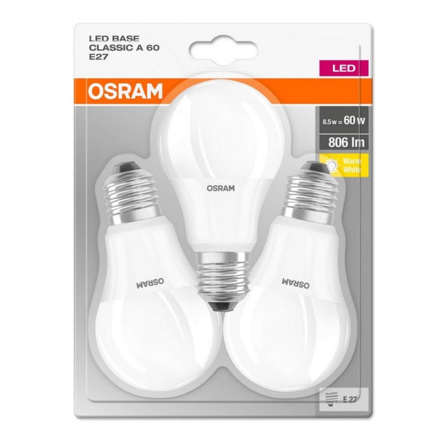KOMPLEKTS 3x LED Spuldze BASE E27/8,5W/230V 2700K - Osram