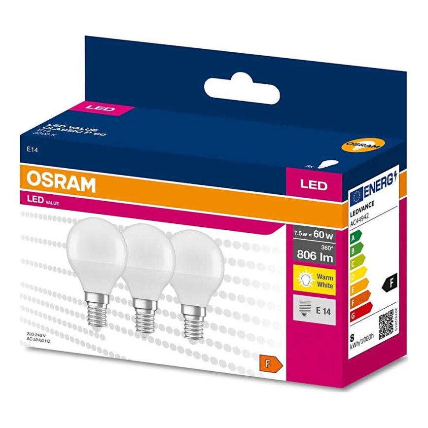 KOMPLEKTS 3x LED Spuldze P45 E14/7,5W/230V 3000K - Osram