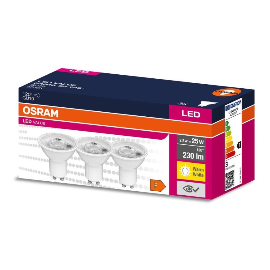 KOMPLEKTS 3x LED Spuldze PAR16 GU10/2,8W/230V 2700K 120° - Osram