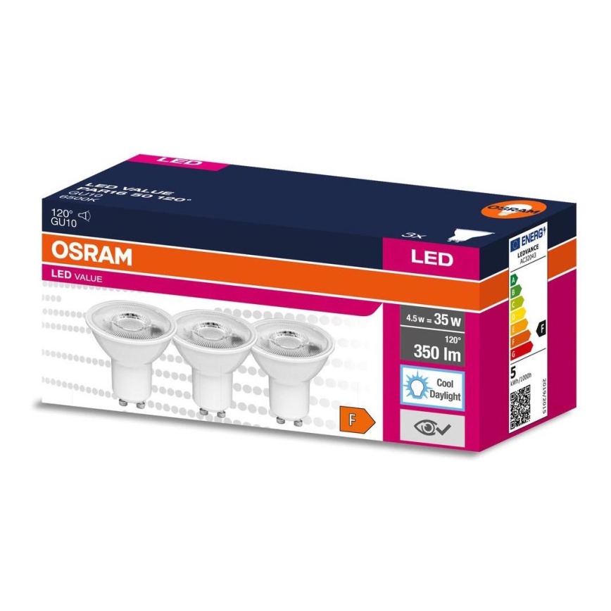 KOMPLEKTS 3x LED Spuldze PAR16 GU10/4,5W/230V 6500K 120° - Osram