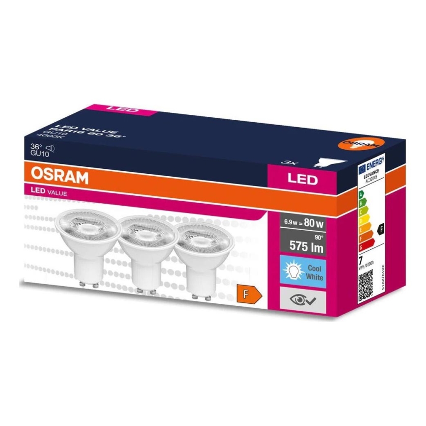 KOMPLEKTS 3x LED Spuldze PAR16 GU10/6,9W/230V 4000K - Osram
