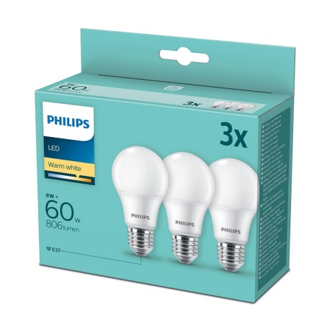 KOMPLEKTS 3x LED Spuldze Philips A60 E27/8W/230V 2700K