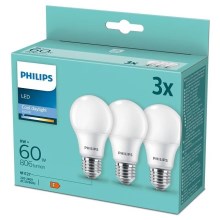 KOMPLEKTS 3x LED Spuldze Philips A60 E27/8W/230V 6500K