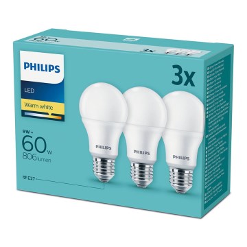 KOMPLEKTS 3x LED Spuldze Philips E27/9W/230V 2700K