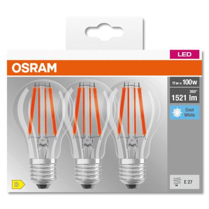 Komplekts 3x LED spuldzes BASE CLASSIC FILAMENT A60 E27/11W/230V 4000K - Osram