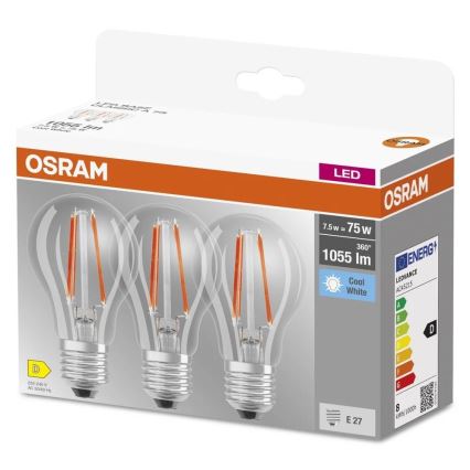 KOMPLEKTS 3x LED spuldzes BASE CLASSIC FILAMENT A60 E27/7,5W/230V 4000K - Osram