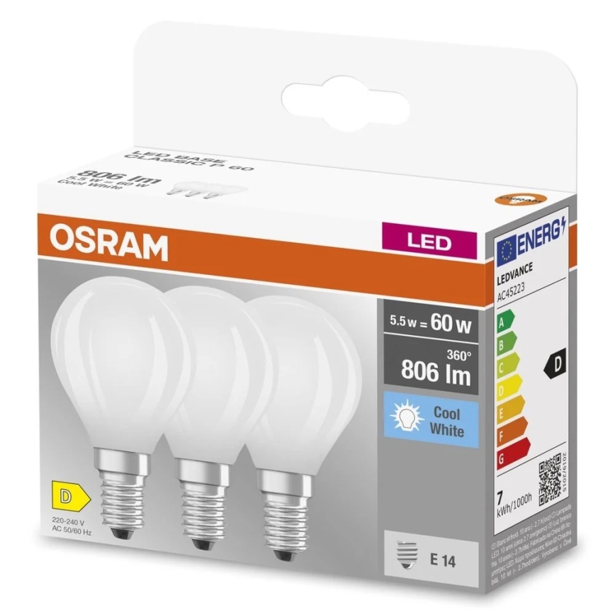 Komplekts 3x LED spuldzes BASE CLASSIC FILAMENT E14/5,9W/230V 4000K - Osram