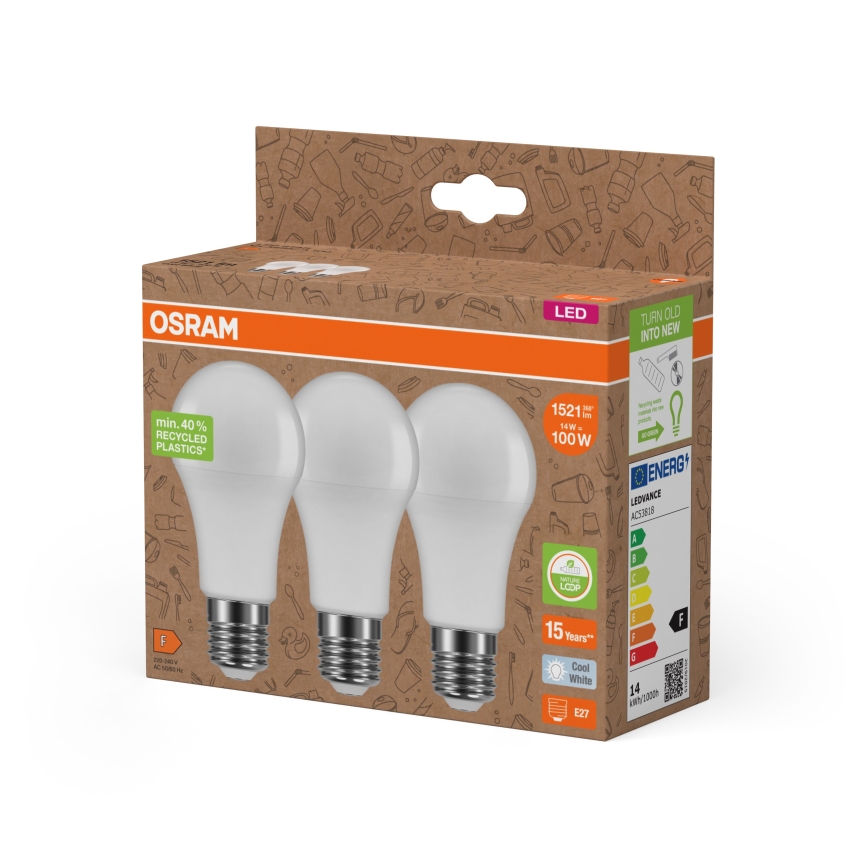 Komplekts 3x LED spuldzes no pārstrādātas plastmasas A100 E27/14W/230V 4000K - Osram