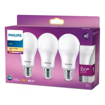 Komplekts 3x LED spuldzes Philips A60 E27/13W/230V 2700K