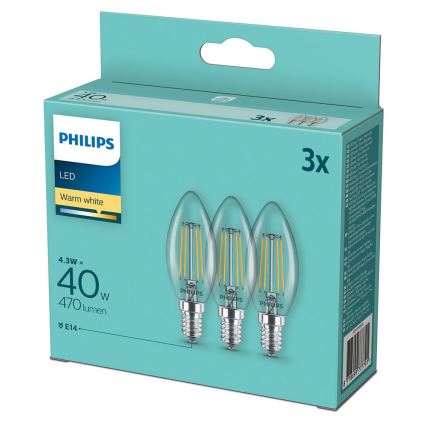 Komplekts 3x LED spuldzes VINTAGE Philips B35 E14/4,3W/230V 2700K