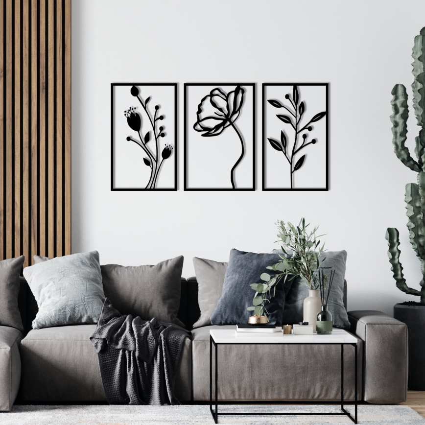 KOMPLEKTS 3x Sienas dekorācija 78x39 cm puķes metāls