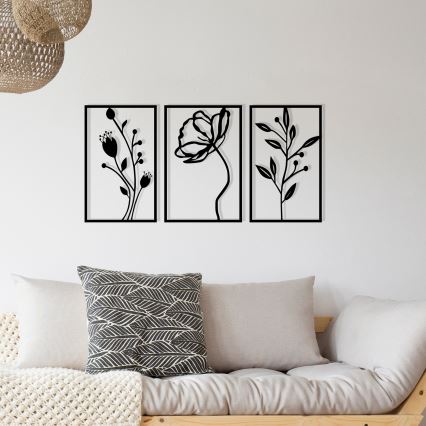 KOMPLEKTS 3x Sienas dekorācija 78x39 cm puķes metāls