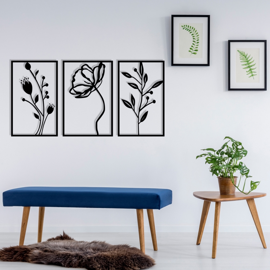 KOMPLEKTS 3x Sienas dekorācija 78x39 cm puķes metāls