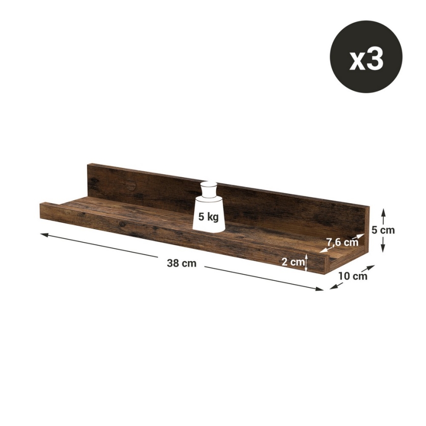 Komplekts 3x sienas plaukti SHELFY 38x5x10 cm brūni