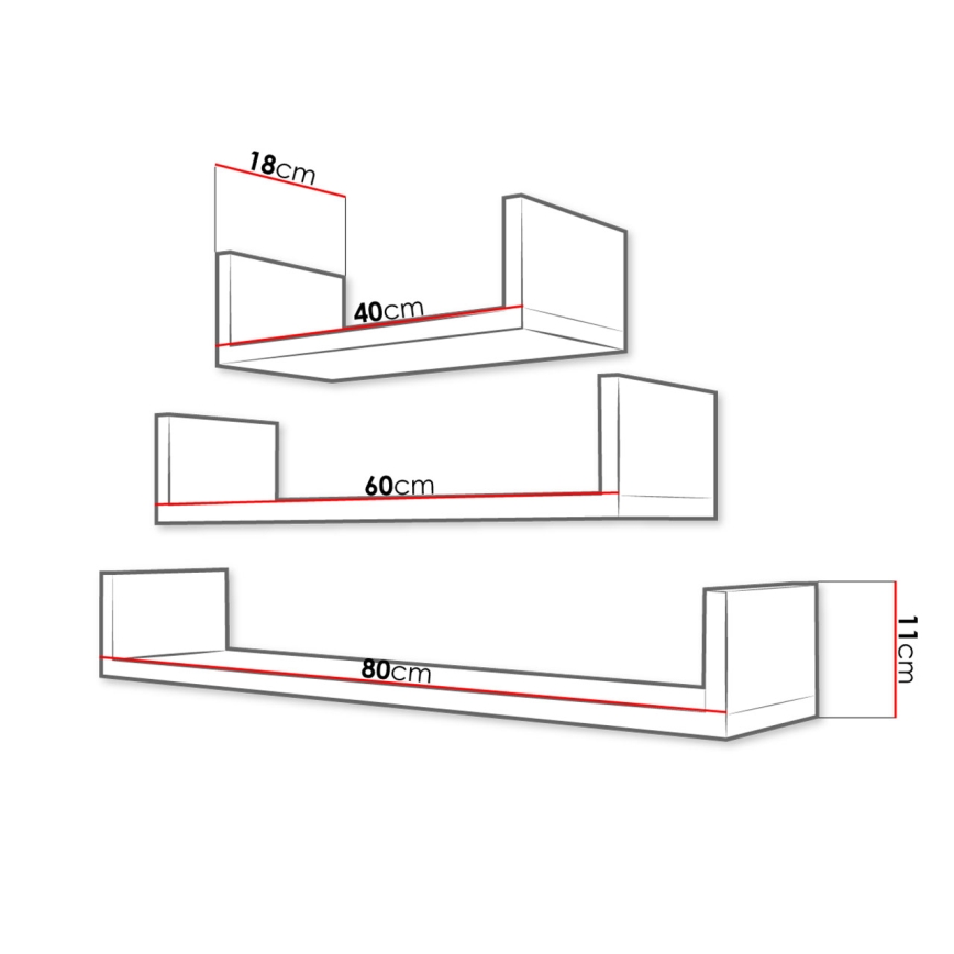 Komplekts 3x sienas plaukti TRIO 11x40/60/80 cm kašmīrs