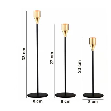 Komplekts 3x svečturi, melni/zeltaini