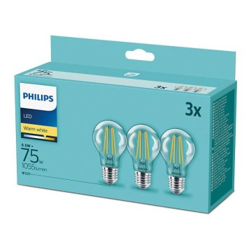 KOMPLEKTS 3xLED Spuldze Philips E27/8,5W/230V 2700K