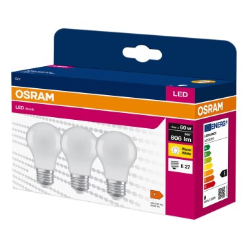 Komplekts: 3× LED spuldze A60, E27, 8 W, 230 V, 3000 K - Osram