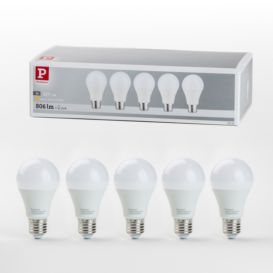 KOMPLEKTS 5x LED Spuldze A60 E27/9W/230V 2700K - Paulmann 28780