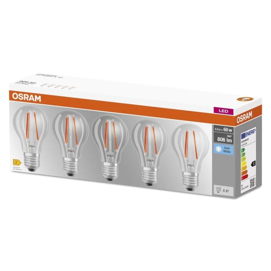 Komplekts 5× LED spuldzes BASE CLASSIC FILAMENT A60 E27/7W/230V 4000K - Osram