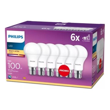 Komplekts: 6 LED spuldzes Philips A60, B22, 13 W, 230 V, 2700 K