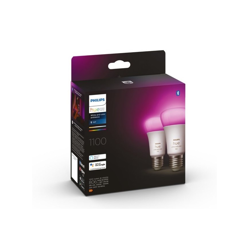 KOMPLEKTS - LED RGBW Aptumšojama josla Philips Hue WHITE AND COLOR AMBIANCE 2m LED/20W/230V + 2x LED Aptumšojama spuldze Philips A60 E27/9W/230V 2000-6500K