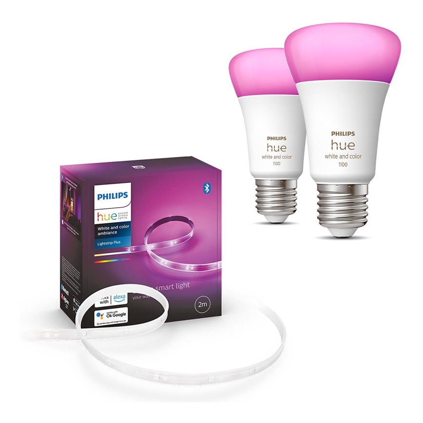 KOMPLEKTS - LED RGBW Aptumšojama josla Philips Hue WHITE AND COLOR AMBIANCE 2m LED/20W/230V + 2x LED Aptumšojama spuldze Philips A60 E27/9W/230V 2000-6500K