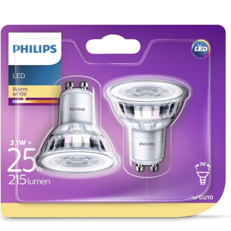 KOMPLEKTS of 2 LED Bulbs Philips GU10/3.1W/230V 2700K
