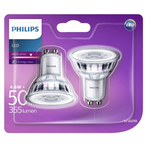 KOMPLEKTS of 2 LED Bulbs Philips GU10/4.6W/230V 2700K