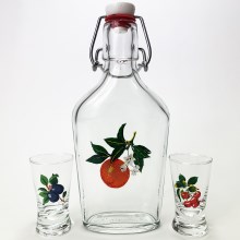 KOMPLEKTS vector - 1x liela pudele + 2x glāzīte caurspīdīga ar augļu motīvu