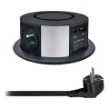 Kontaktligzdas kolonna galda virsmai ar Qi bezvadu uzlādi 3x230V + 1xUSB-A + 1xUSB-C melna/sudraba