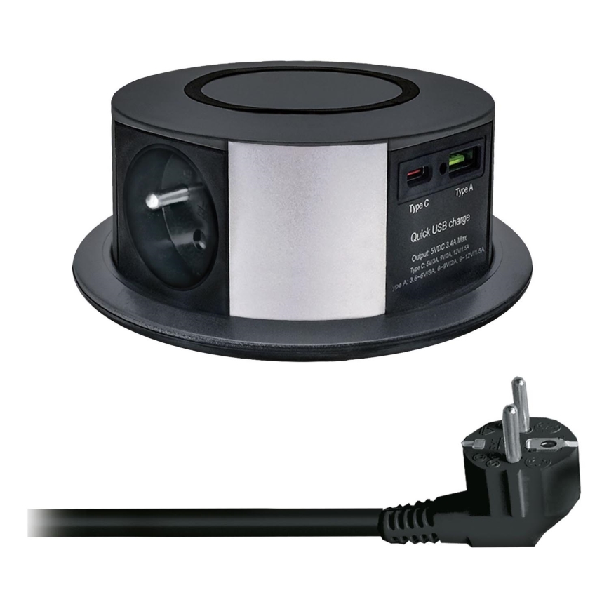 Kontaktligzdas kolonna galda virsmai ar Qi bezvadu uzlādi 3x230V + 1xUSB-A + 1xUSB-C melna/sudraba