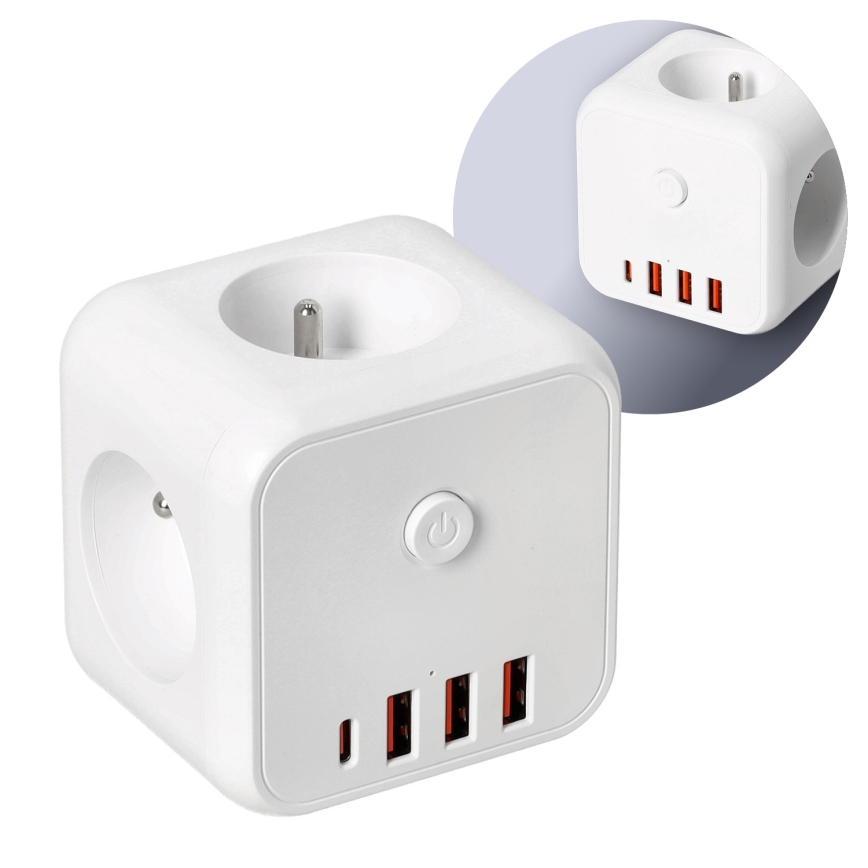 Kontaktligzdas sadalītājs ar slēdzi LINEA 3x230V + 4xUSB A/C balta