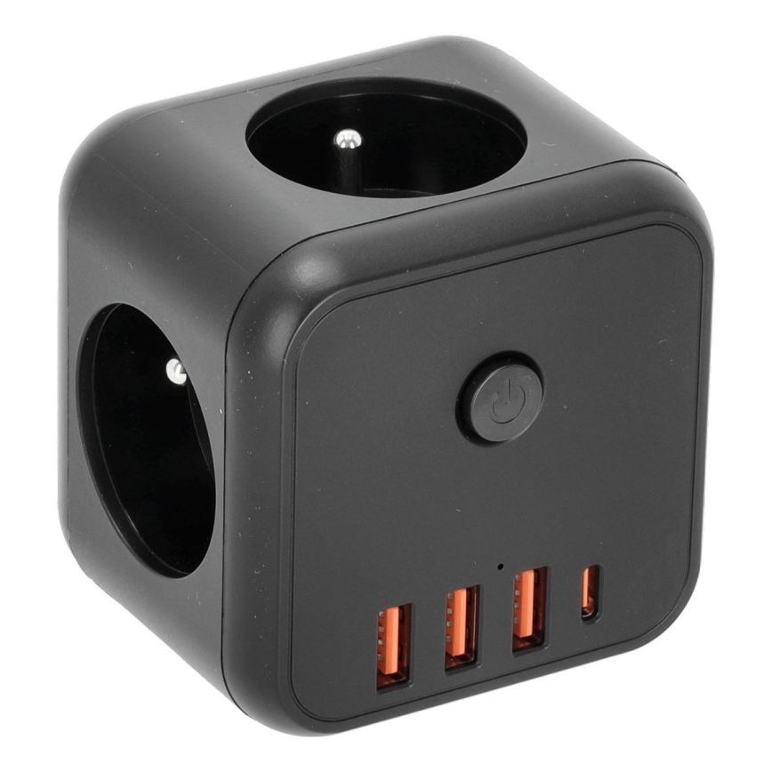 Kontaktligzdas sadalītājs ar slēdzi LINEA 3x230V + 4xUSB A/C melna