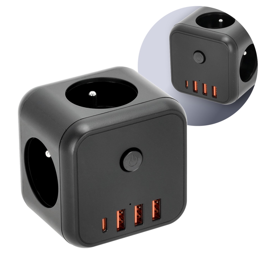 Kontaktligzdas sadalītājs ar slēdzi LINEA 3x230V + 4xUSB A/C melna