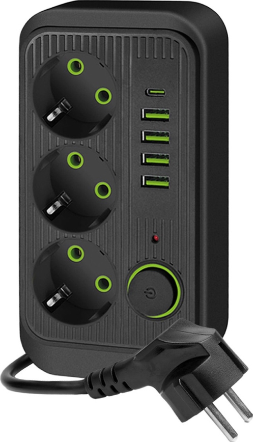 Kontaktligzdas sadalītājs ar slēdzi LINEA 3x230V + 5xUSB A/C SCHUKO 5 m melna