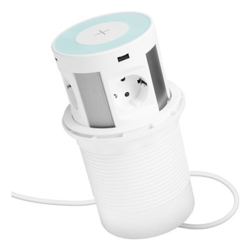 Kontaktligzdu kolonna galda virsmai ar bezvadu uzlādi 4x230V + 2xUSB-A + 2xUSB-C balta