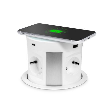 Kontaktligzdu kolonna galda virsmai ar bezvadu uzlādi 4x230V + 2xUSB-A + 2xUSB-C balta