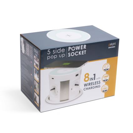 Kontaktligzdu kolonna galda virsmai ar bezvadu uzlādi 4x230V + 2xUSB-A + 2xUSB-C balta
