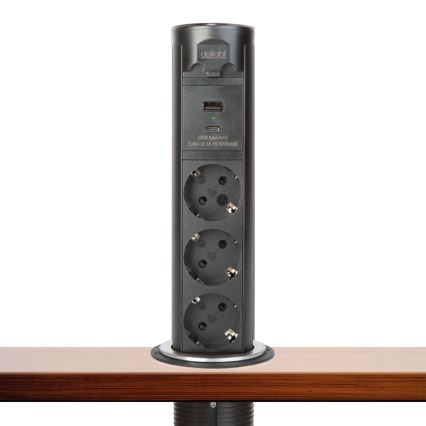 Kontaktligzdu stabs galda virsmai 3x230V + USB-A + USB-C melns
