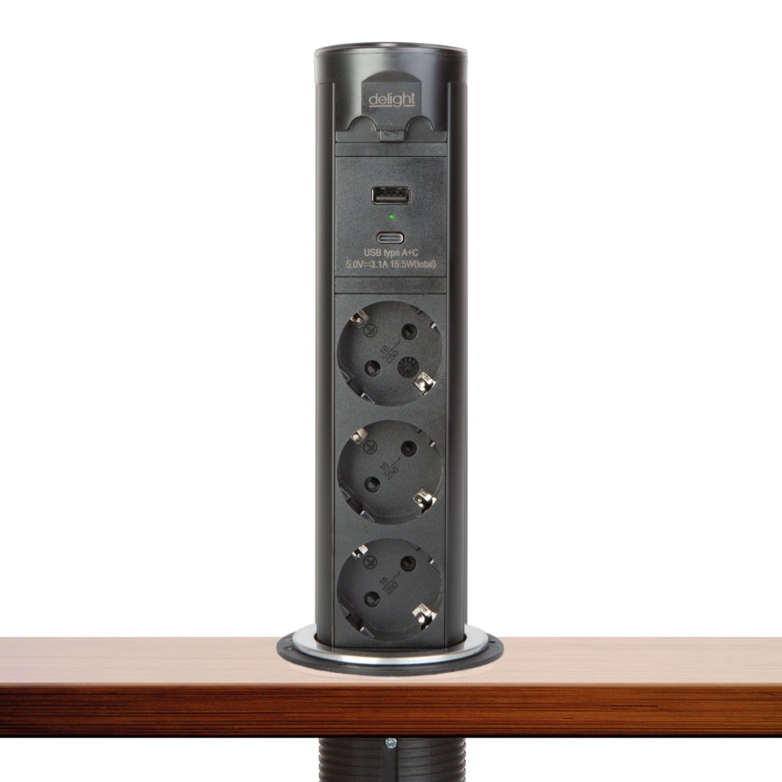 Kontaktligzdu stabs galda virsmai 3x230V + USB-A + USB-C melns
