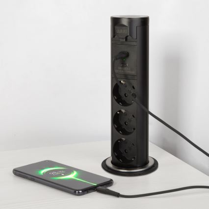 Kontaktligzdu stabs galda virsmai 3x230V + USB-A + USB-C melns