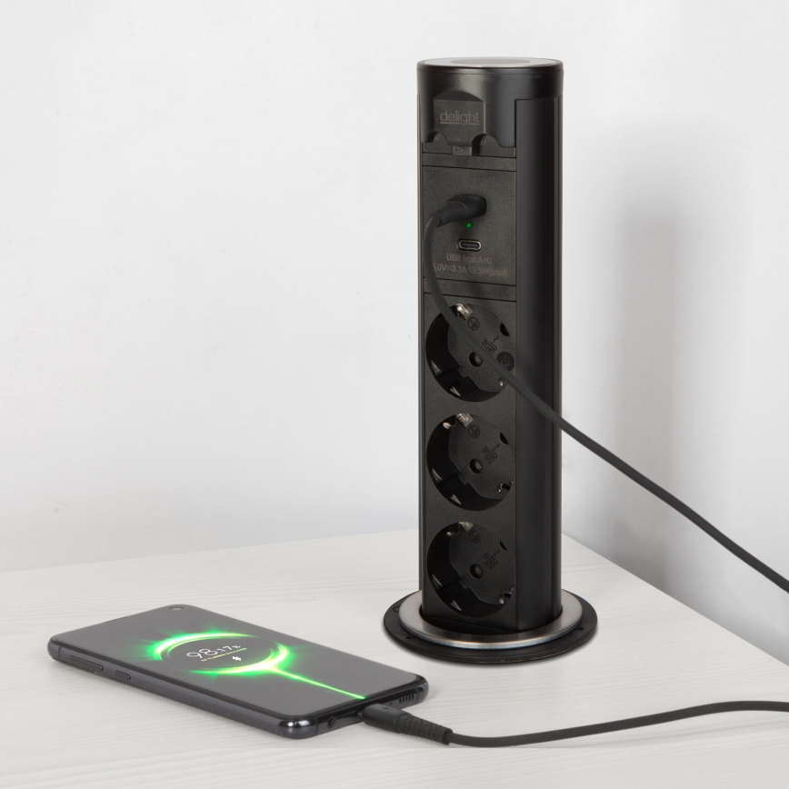 Kontaktligzdu stabs galda virsmai 3x230V + USB-A + USB-C melns