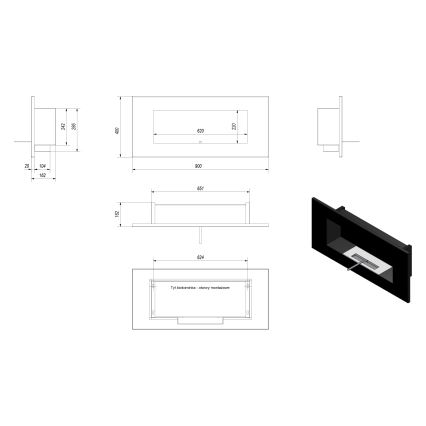 Kratki - Iebūvējams BIO Kamīns 40x90 cm 2kW melna