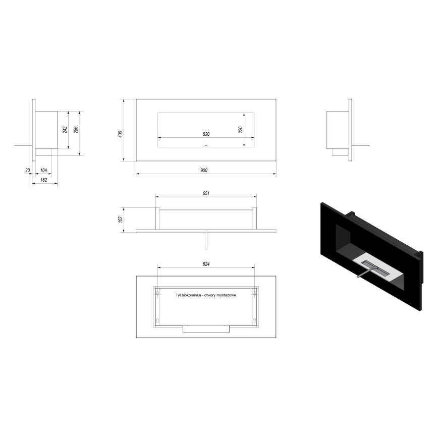 Kratki - Iebūvējams BIO Kamīns 40x90 cm 2kW melna